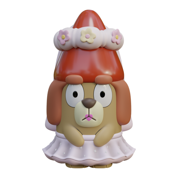 Bride gnome garden statue from the Bluey range, with a red hat under a white floral crown and veil, in a white dress
