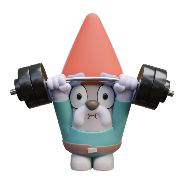 Exercise gnome garden statue from the Bluey range, with a grey face and teal shirt, lifting a black barbell overhead