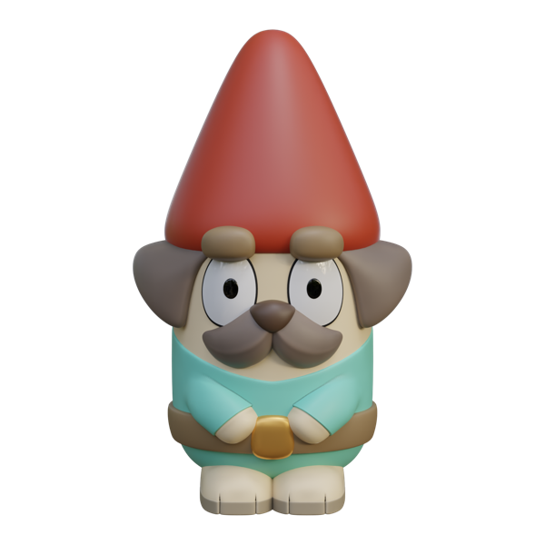 Gerald gnome garden statue from the Bluey range, with a red hat, tan eyebrow tufts, brown moustache and teal shirt