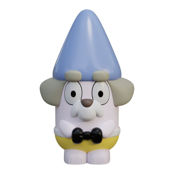 Groom gnome garden statue from the Bluey range, with a blue hat, grey face and yellow shirt with a black bow tie