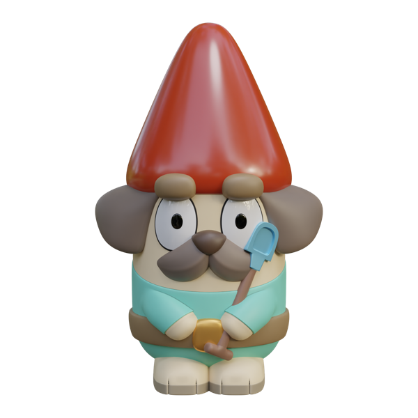Hecuba gnome garden statue from the Bluey range, with a red hat, tan ears and teal top, holding a blue ice cream