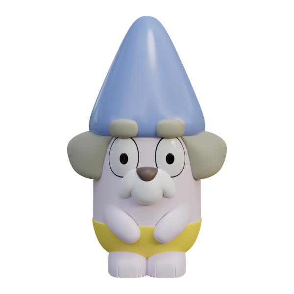 Jeremy gnome garden statue from the Bluey range, with a blue pointed hat, grey face and yellow shirt