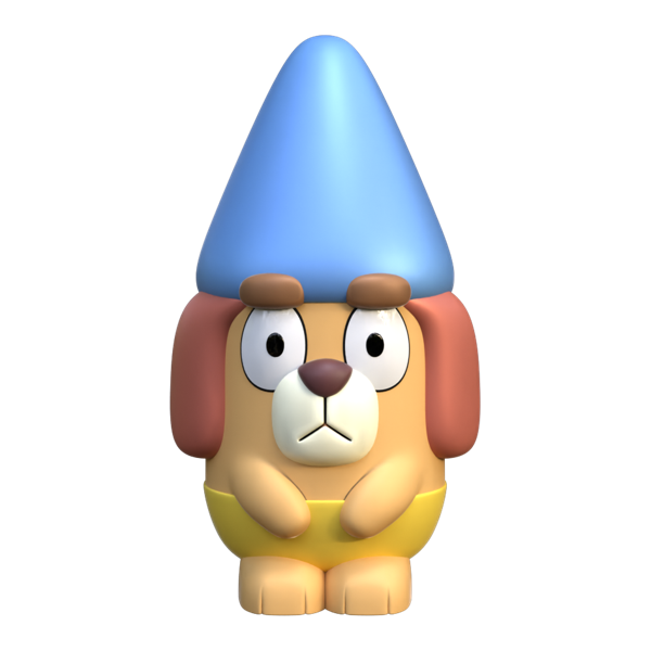 Obstacle Course gnome garden statue from the Bluey range, with a blue pointed hat, tan ears and an orange-yellow shirt