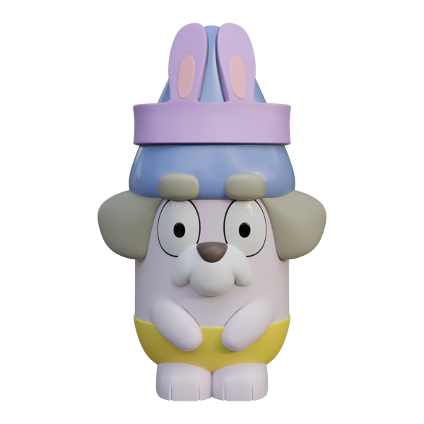 Jeremy Easter gnome garden statue from the Bluey range, with a grey face and his blue hat under a purple bunny-ear headband