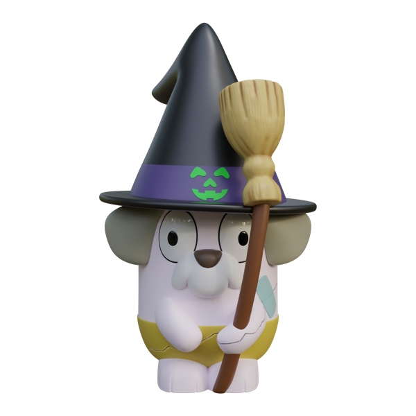 Jeremy Halloween gnome garden statue from the Bluey range, with a grey face, a black witch hat with a green pumpkin, holding a straw broom