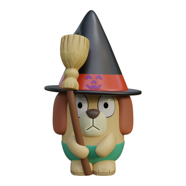 Tony Halloween gnome garden statue from the Bluey range, with tan ears, a black witch hat with a purple pumpkin, holding a straw broom
