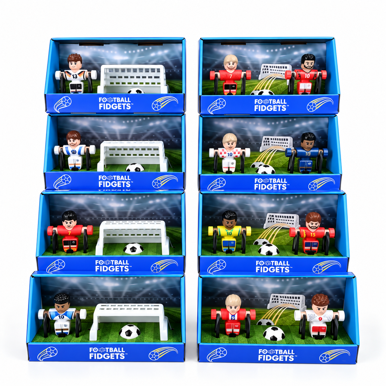 Eight Football Fidgets gift set boxes, each with a collectible player figure and goal