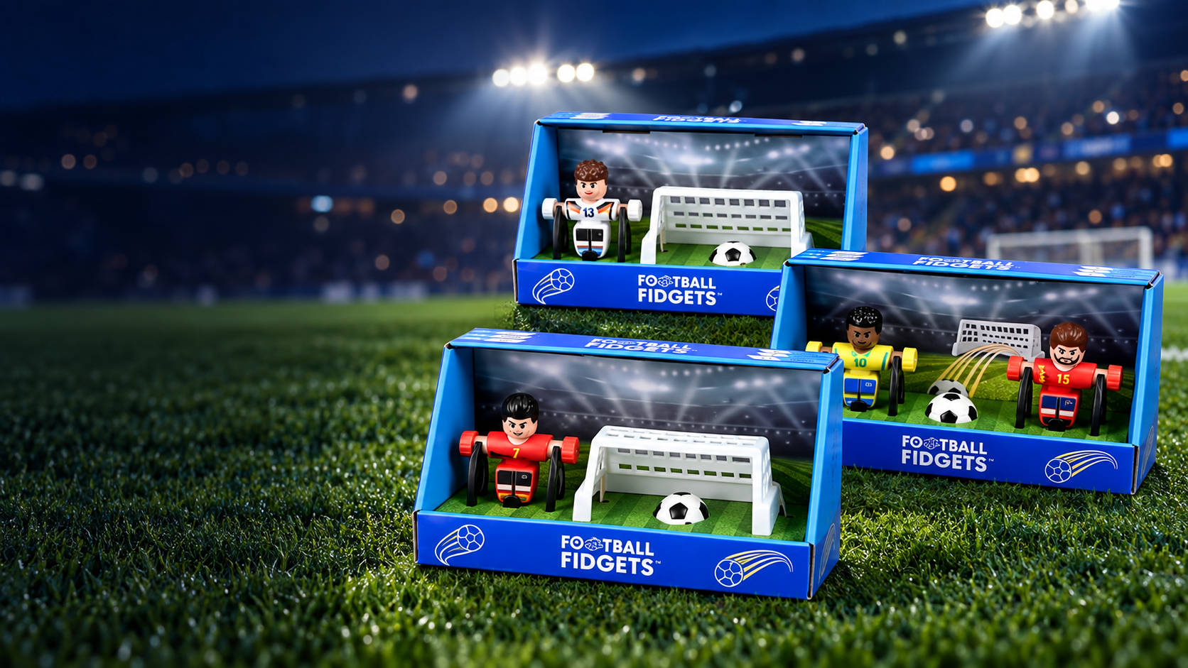 Football Fidgets gift sets staged on a stadium pitch